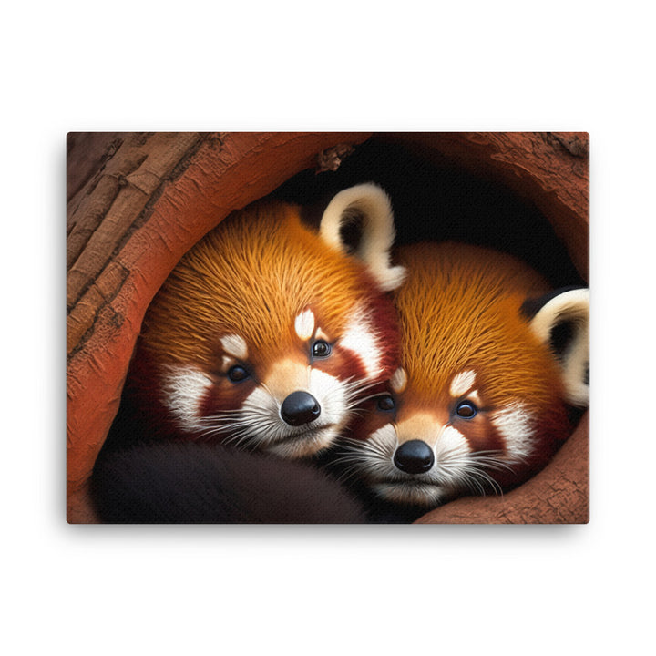 A pair of cute red pandas snuggled up together in a tree hollow canvas - Posterfy.AI