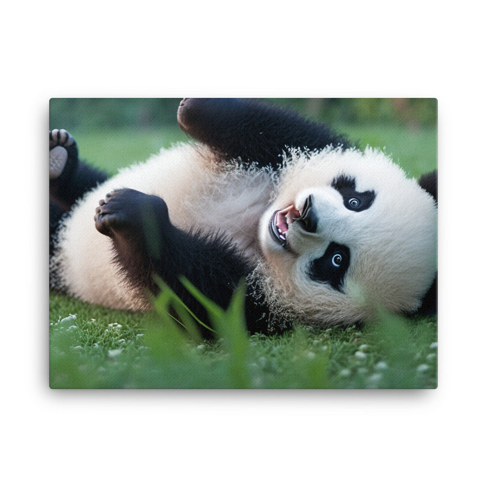 A playful panda bear rolling around in the grass canvas - Posterfy.AI