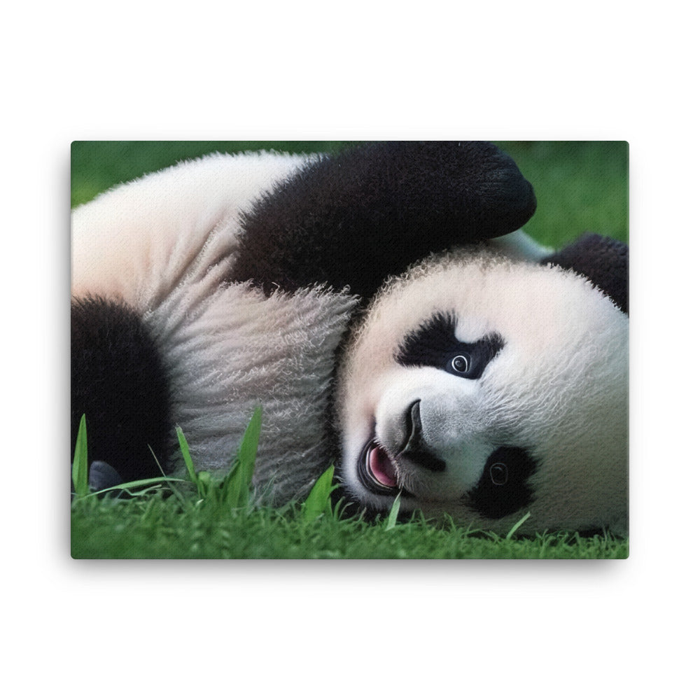 A playful panda bear rolling around in the grass canvas - Posterfy.AI