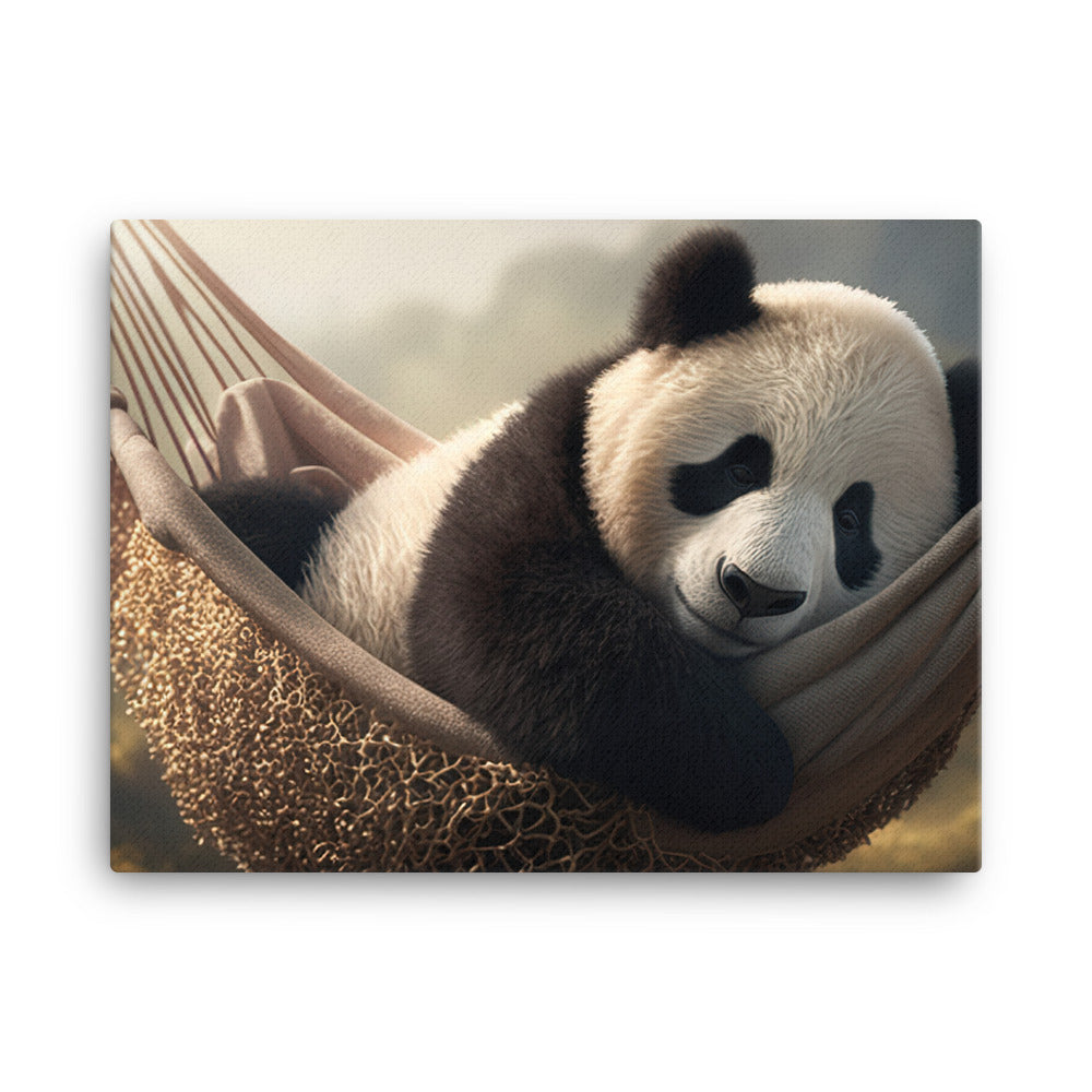 A panda bear taking a nap in a cozy hammock strung between two trees canvas - Posterfy.AI