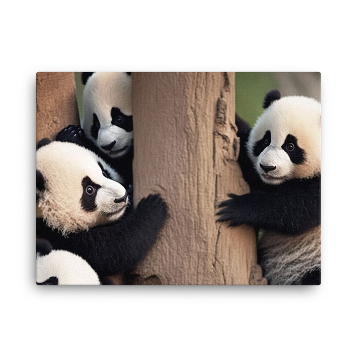 A mischievous panda cub playing with its siblings in a tree canvas - Posterfy.AI