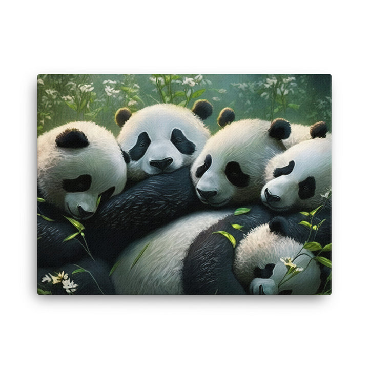 A group of panda bears cuddling together in a peaceful meadow canvas - Posterfy.AI