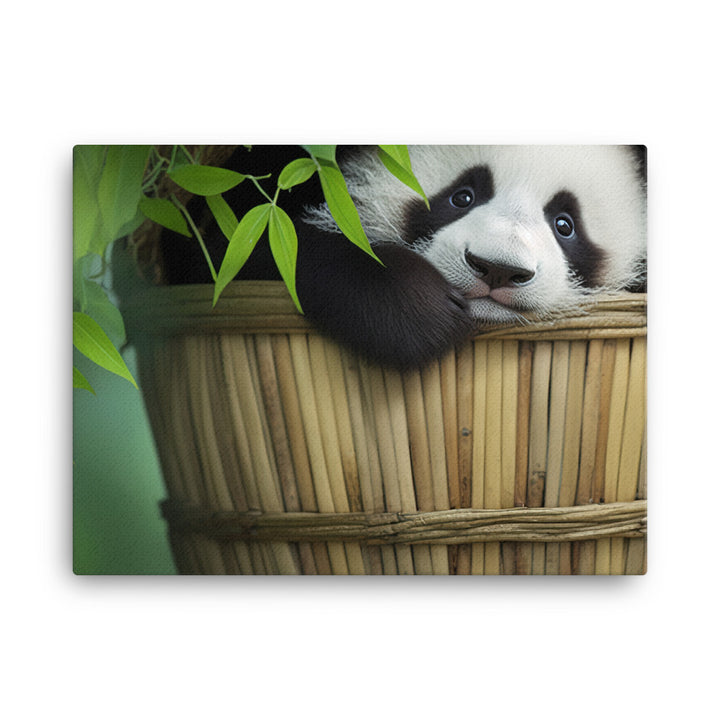 A cute panda cub peeking out from a basket full of bamboo canvas - Posterfy.AI
