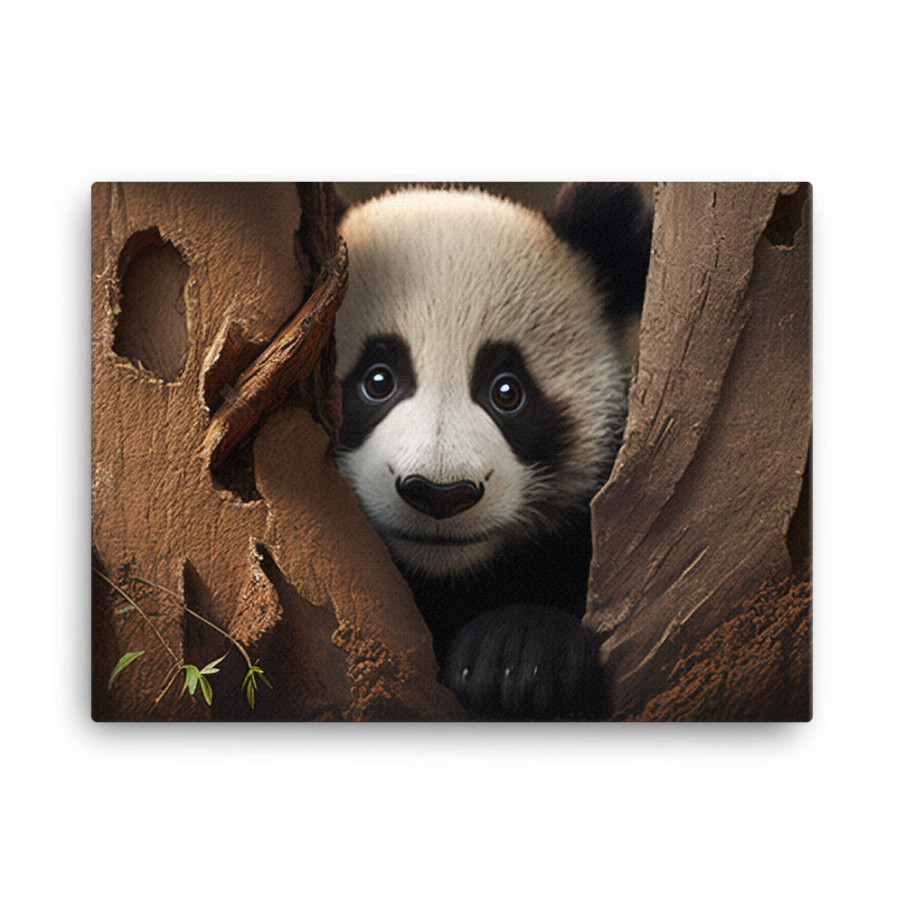 A curious panda bear peeking out from behind a tree trunk canvas - Posterfy.AI