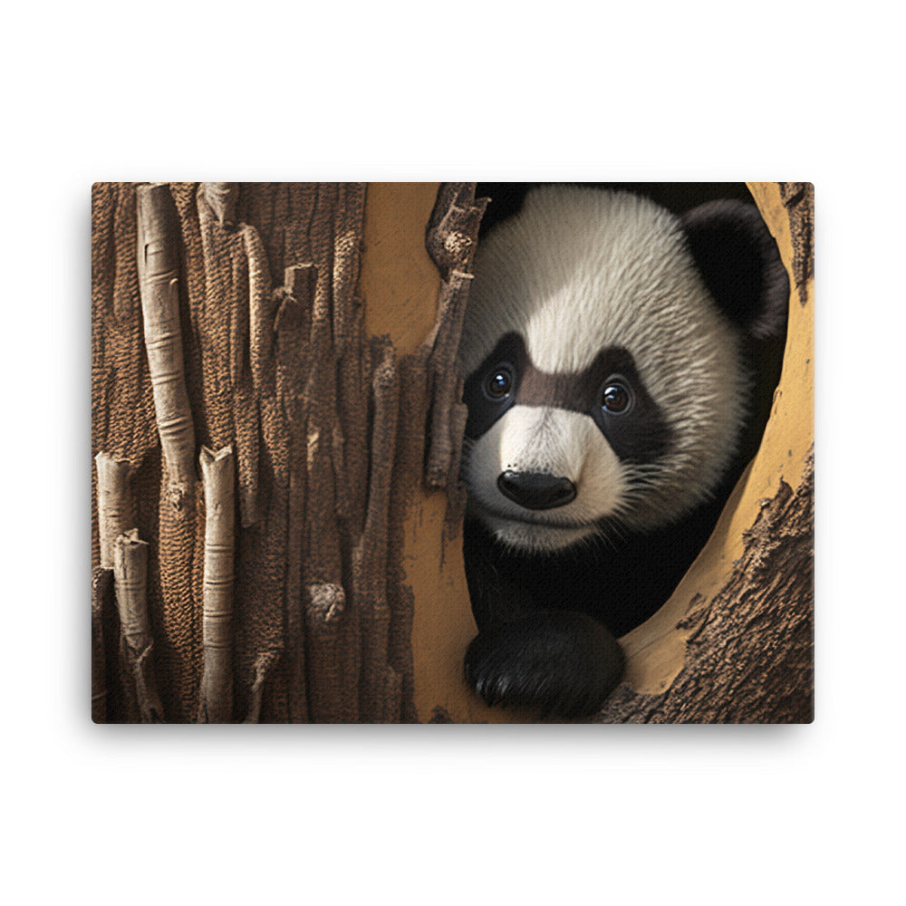 A curious panda bear peeking out from behind a tree trunk canvas - Posterfy.AI