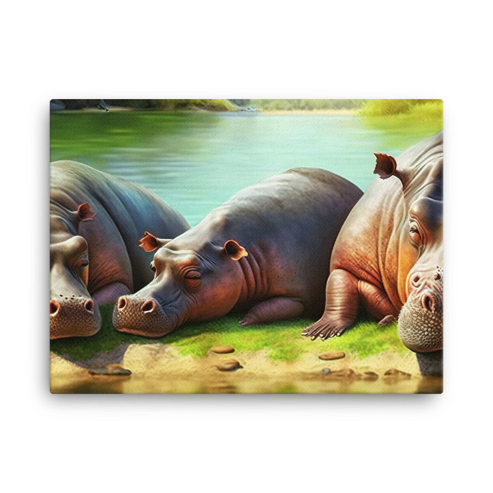 A hippo family sunbathing on the banks of a river canvas - Posterfy.AI