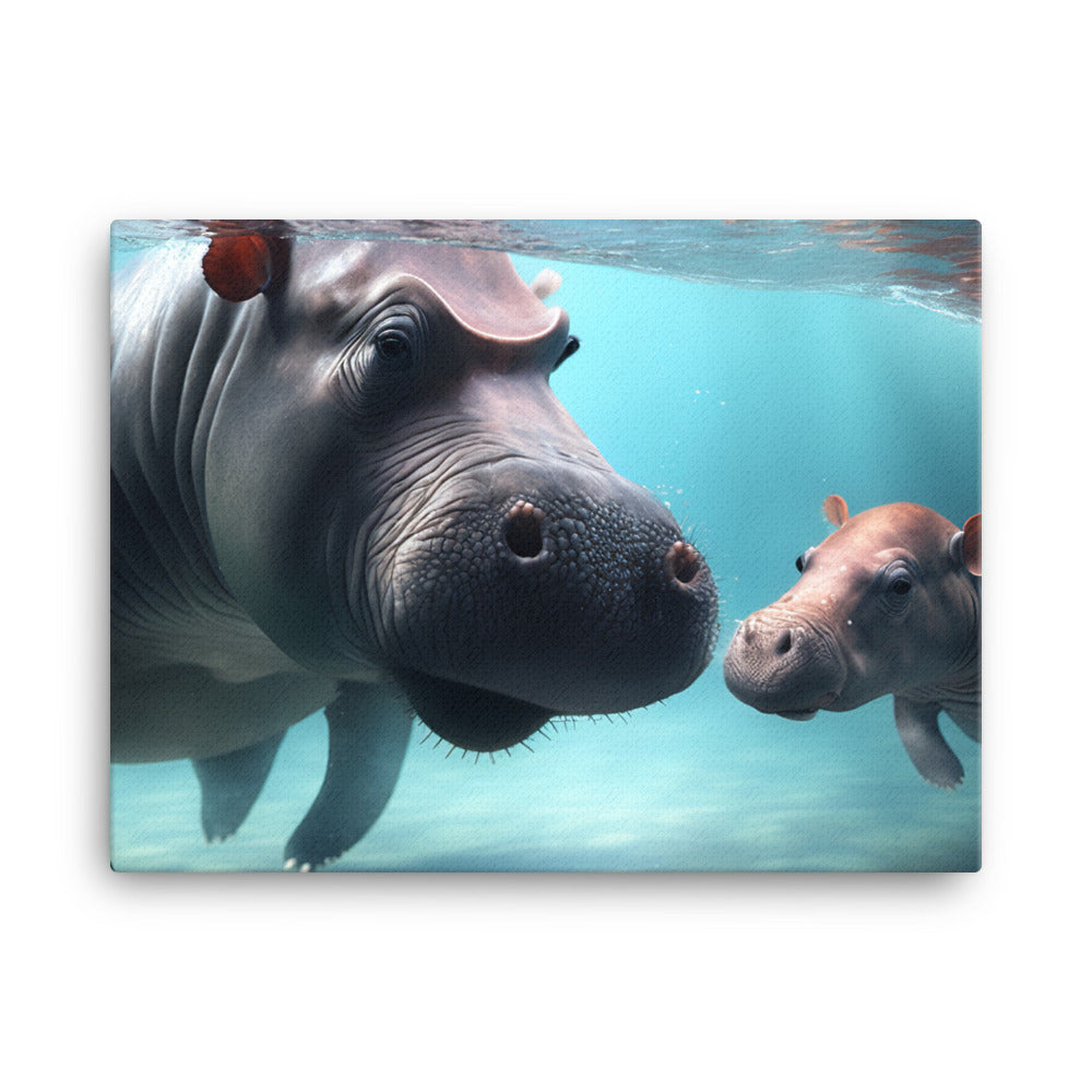 A cute baby hippo playing in the water with its mother canvas - Posterfy.AI