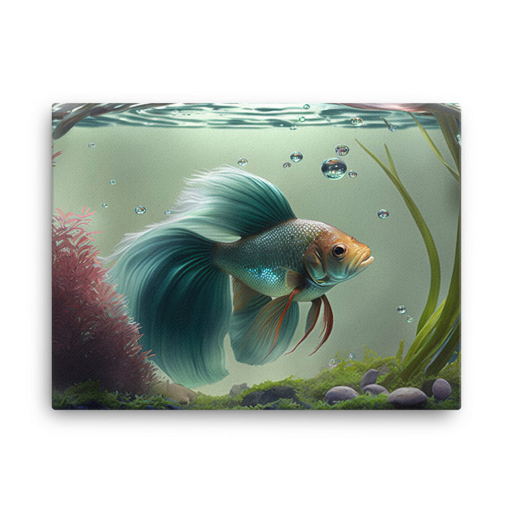 A solitary betta fish in a beautifully decorated aquarium bowl canvas - Posterfy.AI