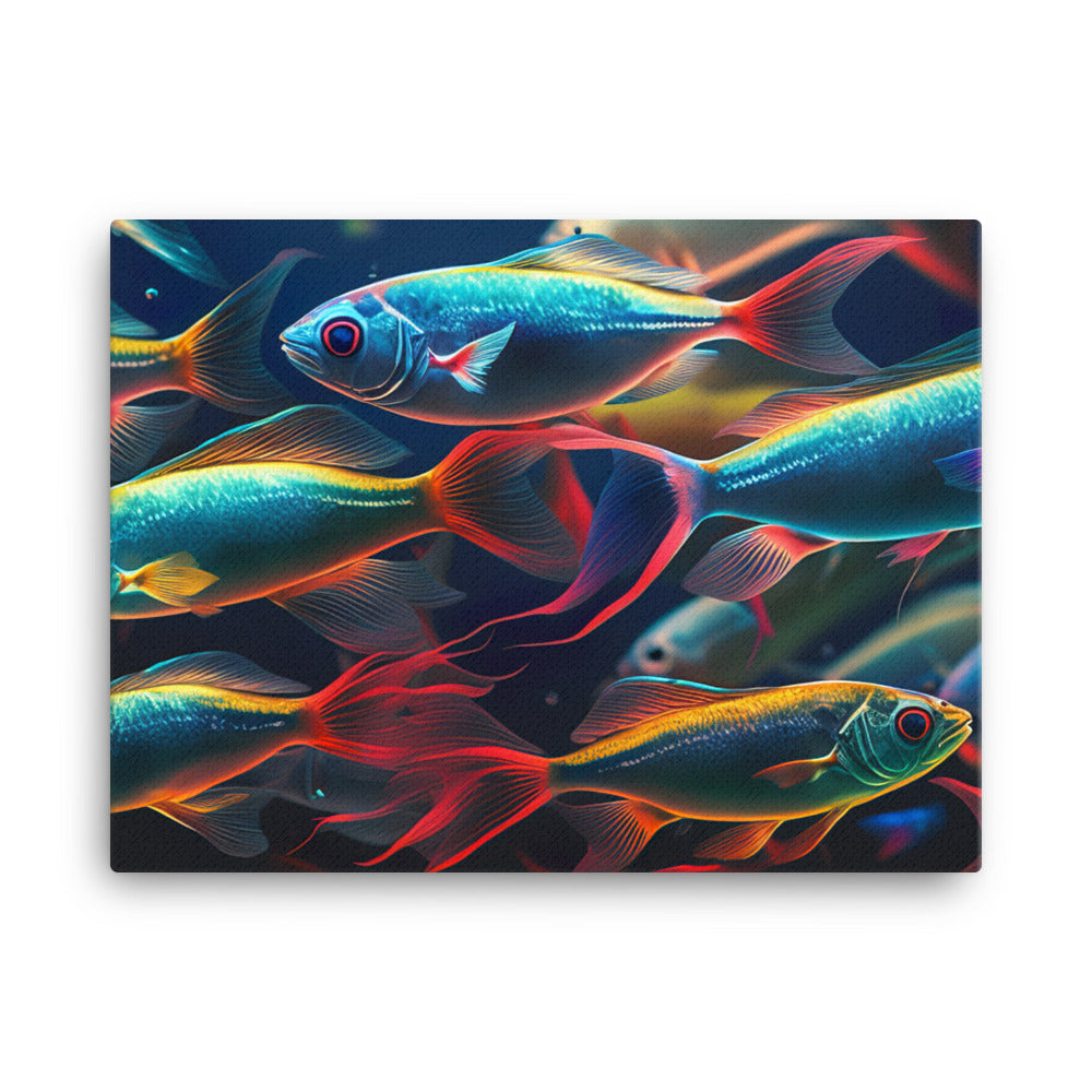 Neon tetras swimming in a brightly lit aquarium canvas - Posterfy.AI