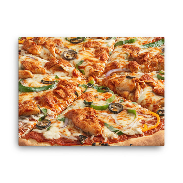 A spicy chicken pizza with chunks of tender chicken canvas - Posterfy.AI