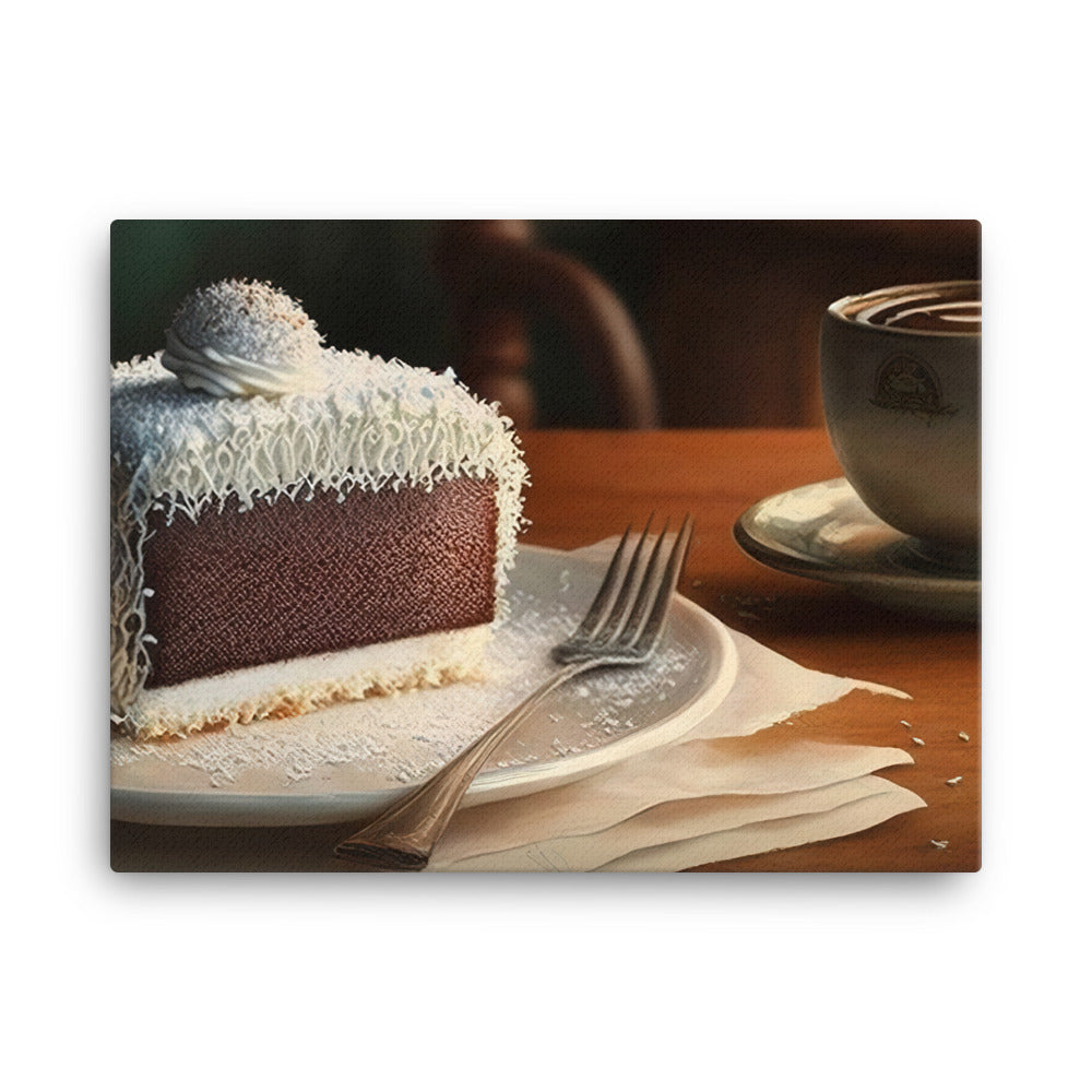 Coconut-covered cake paired with the smooth coffee canvas - Posterfy.AI