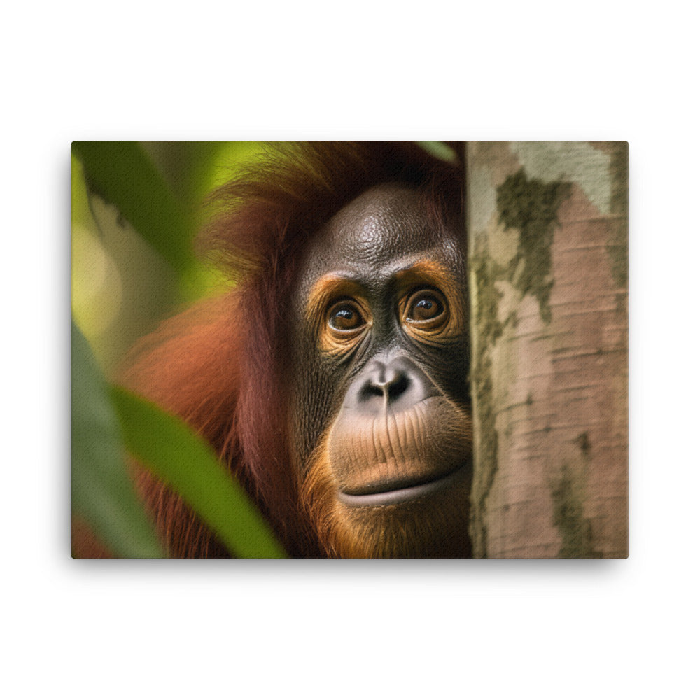 Inquisitive Orangutan Peeking from Behind Tree canvas - Posterfy.AI