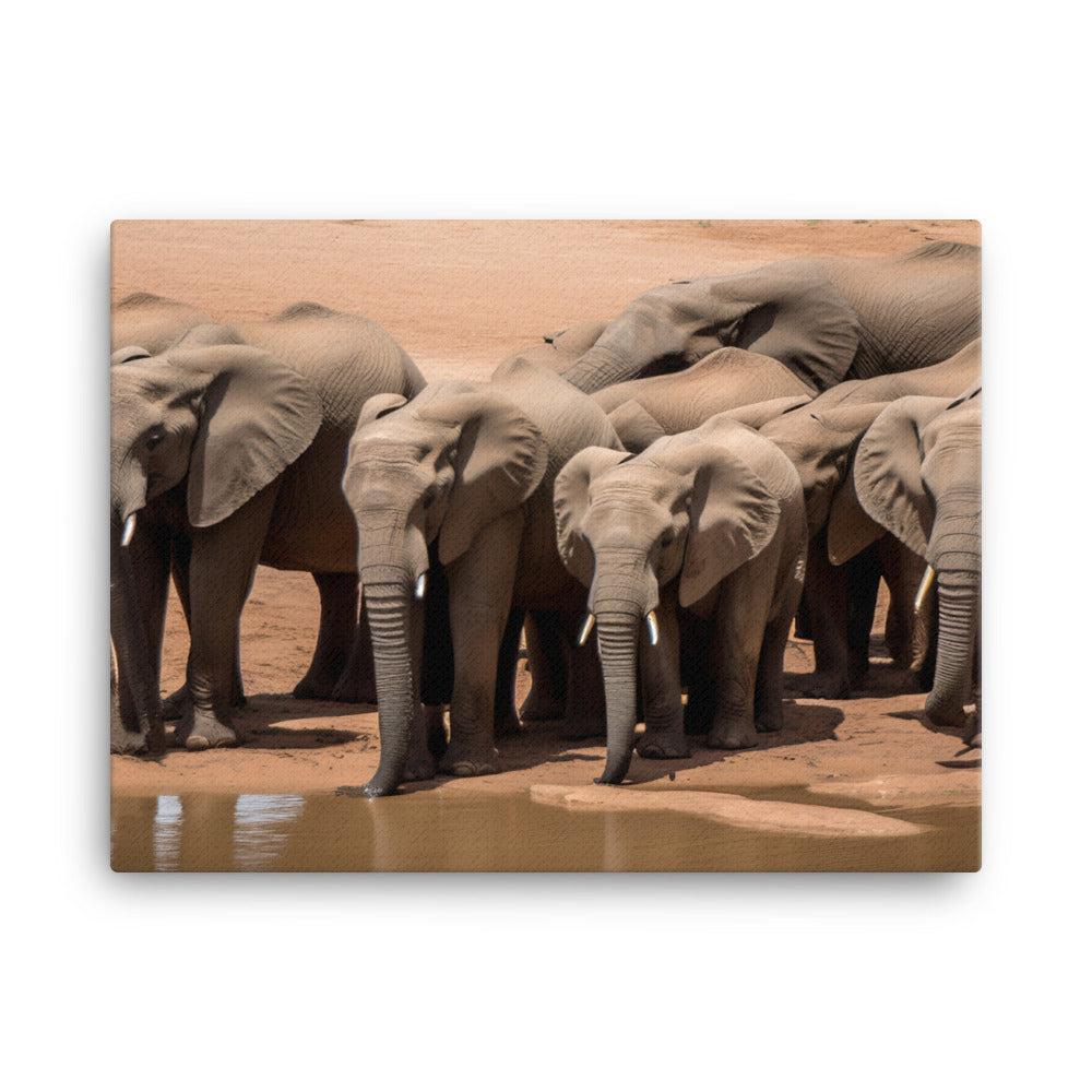 African Elephants at the Watering Hole canvas - Posterfy.AI