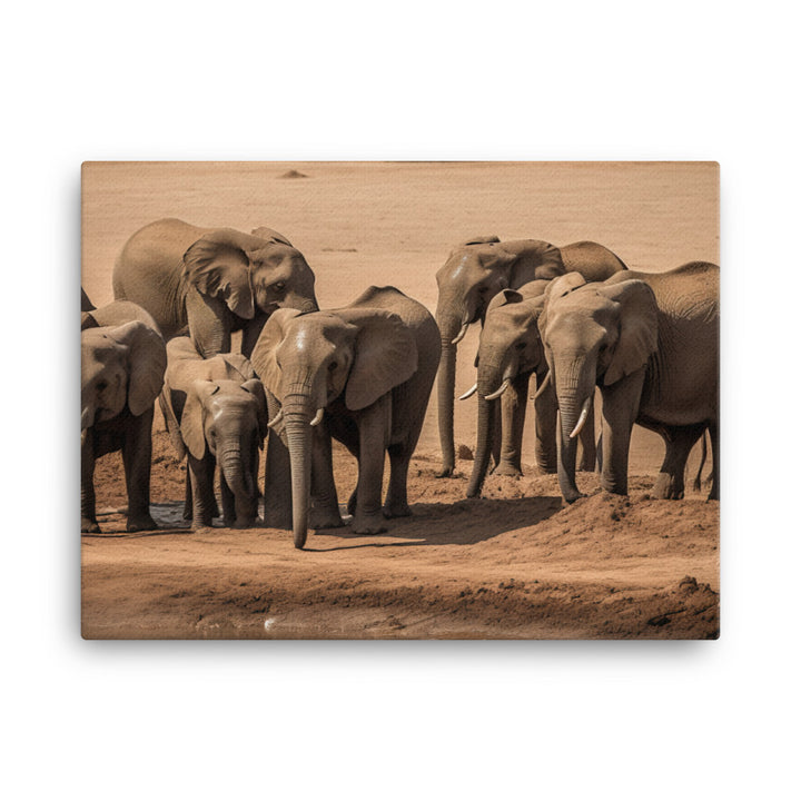 African Elephants at the Watering Hole canvas - Posterfy.AI