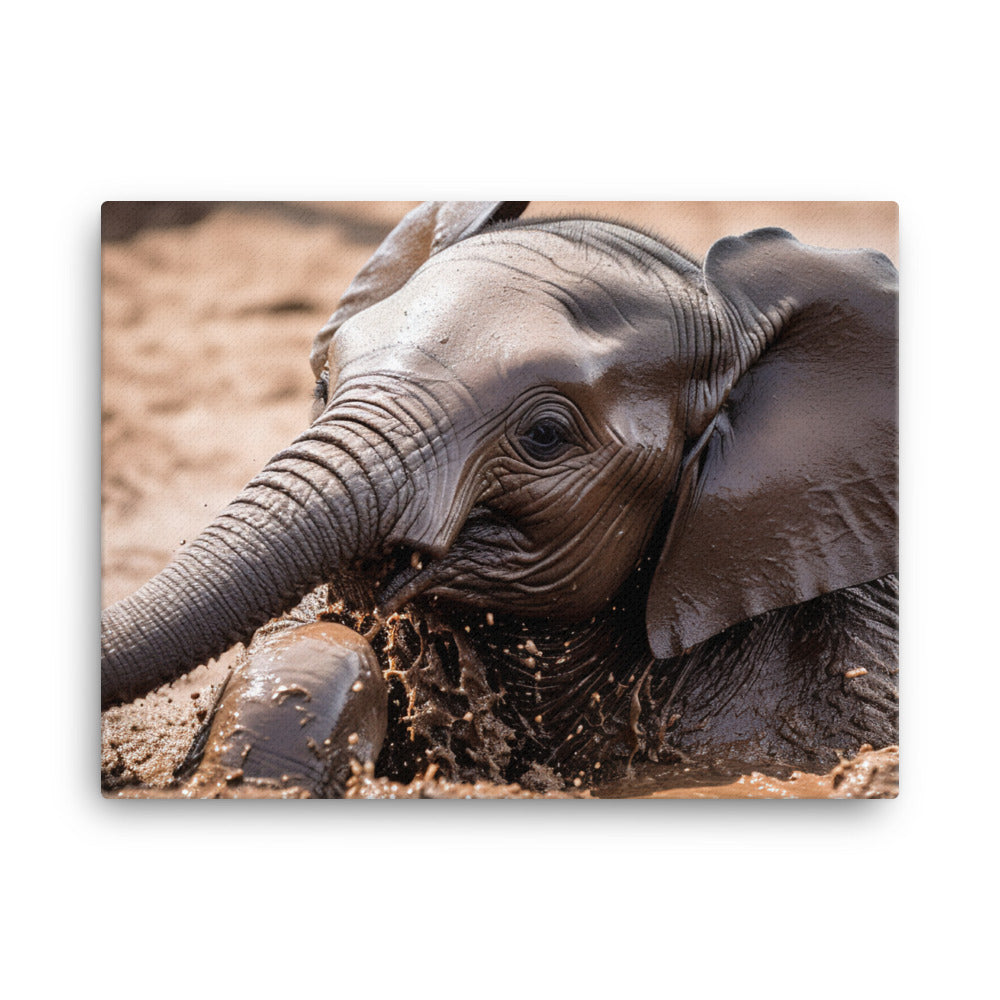 Adorable Baby Elephant Taking a Mud Bath canvas - Posterfy.AI