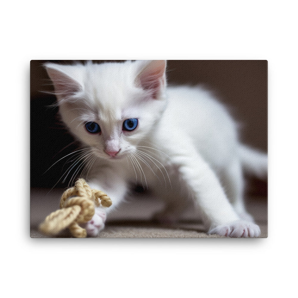 Adorable Turkish Angora kitten playing with a toy canvas - Posterfy.AI