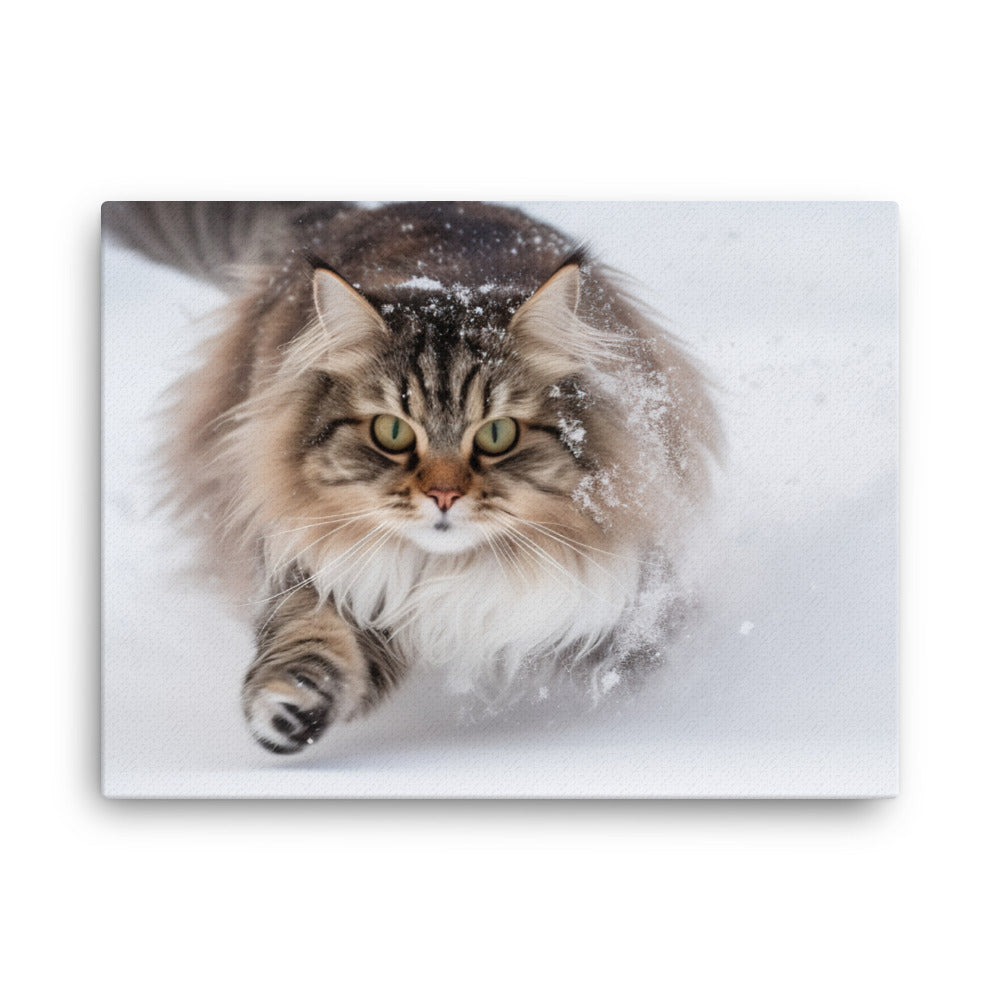Norwegian Forest Cat Playing in the Snow canvas - Posterfy.AI
