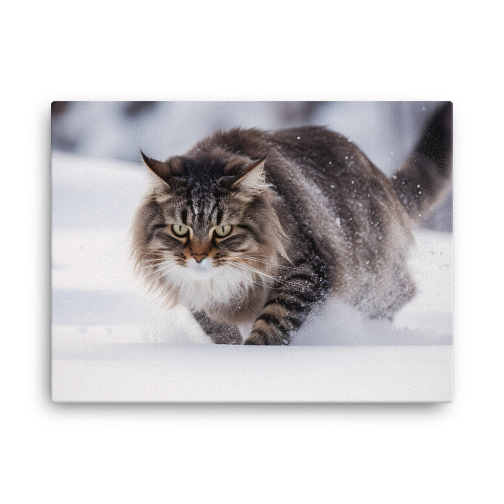 Norwegian Forest Cat Playing in the Snow canvas - Posterfy.AI