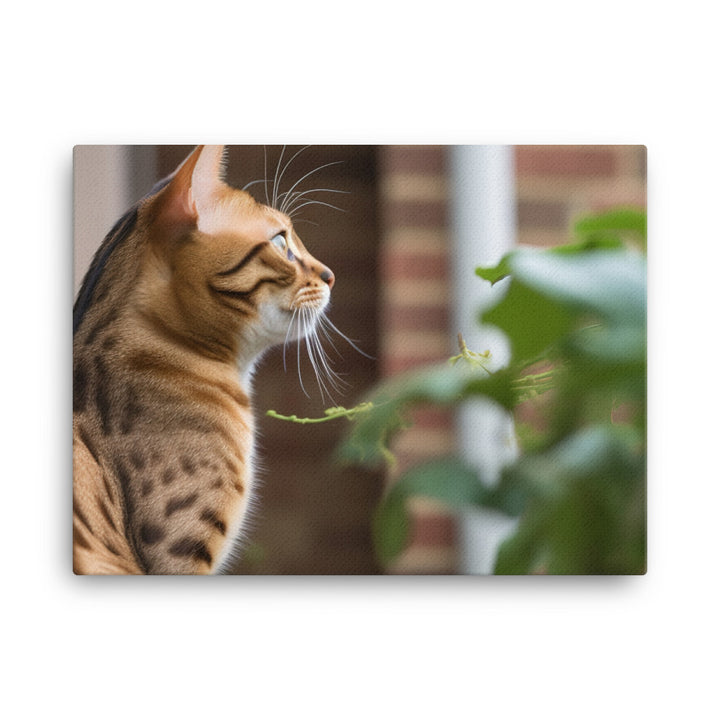 Curious Bengal Cat Watching Bird Outside canvas - Posterfy.AI