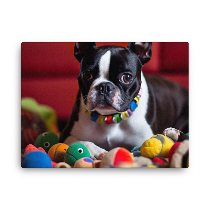 Happy Boston Terrier with Toys canvas - Posterfy.AI