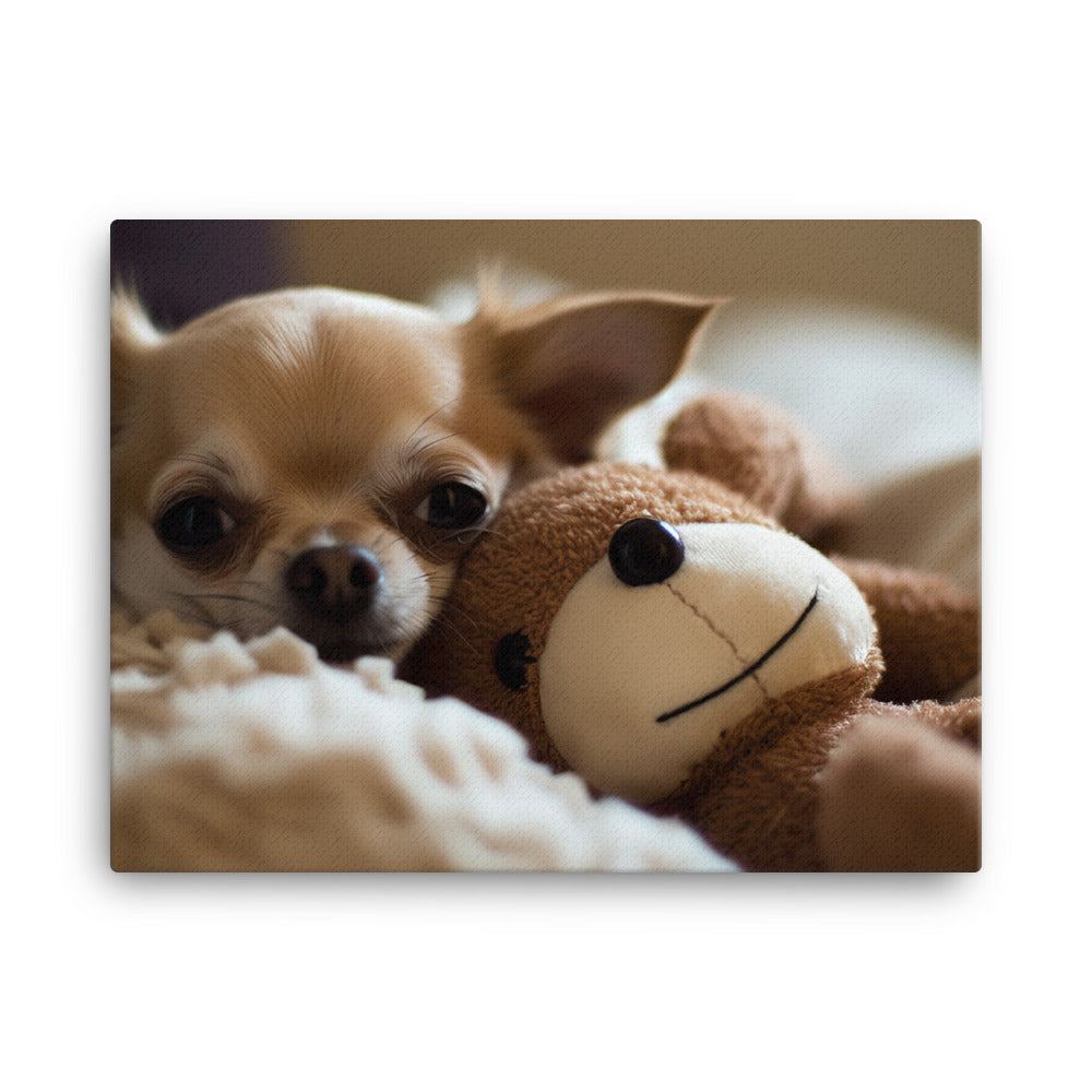 A Chihuahua snuggled up with a plush toy canvas - Posterfy.AI