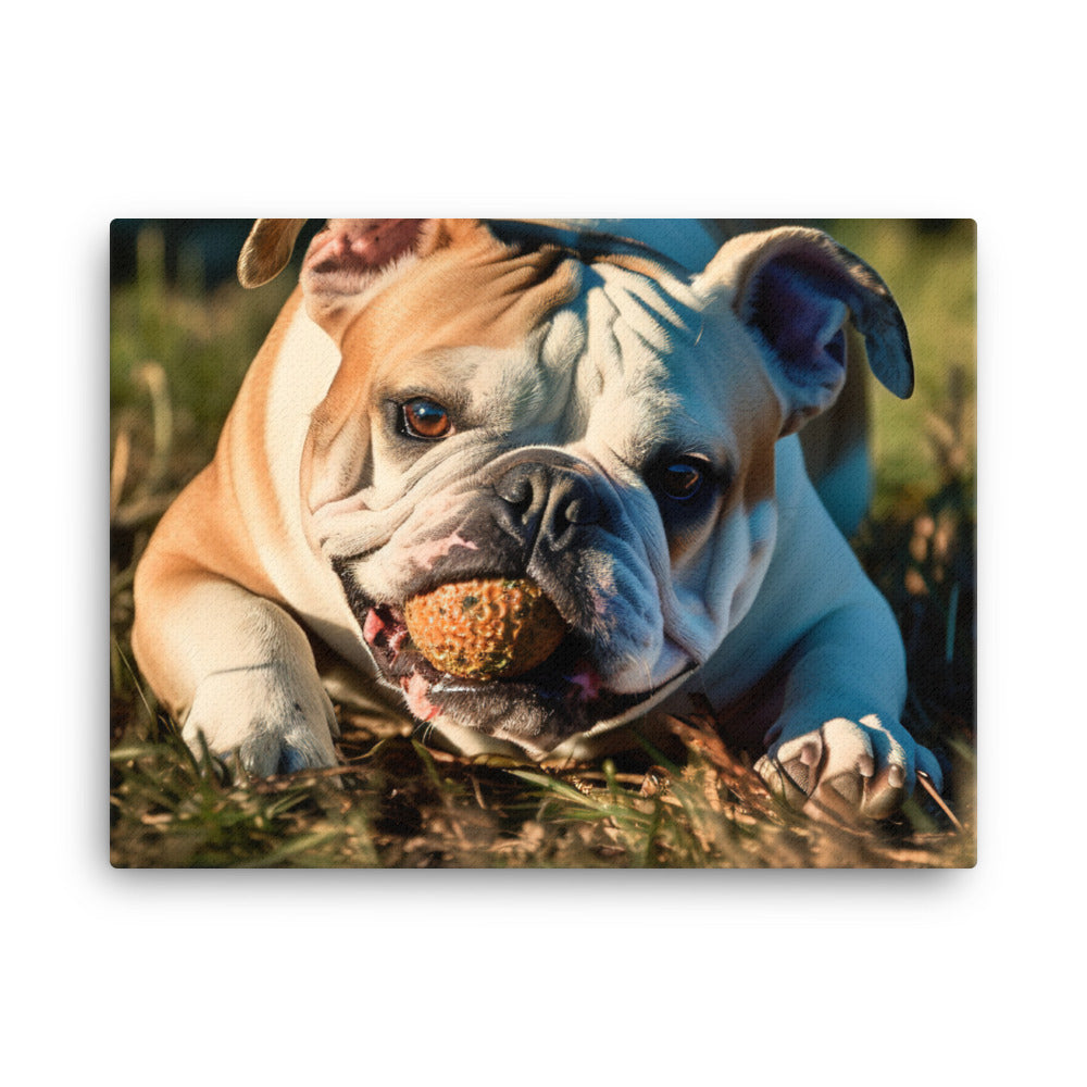 Silly Bulldog: Playful Pup with a Toy canvas - Posterfy.AI