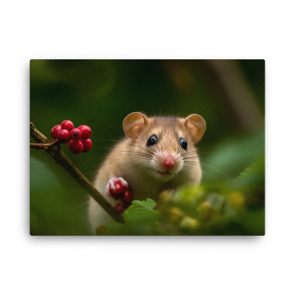 Energetic Dormouse playing on a branch canvas - Posterfy.AI