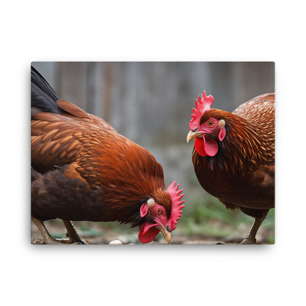Rhode Island Red Chicken enjoying their Favorite Treats canvas - Posterfy.AI