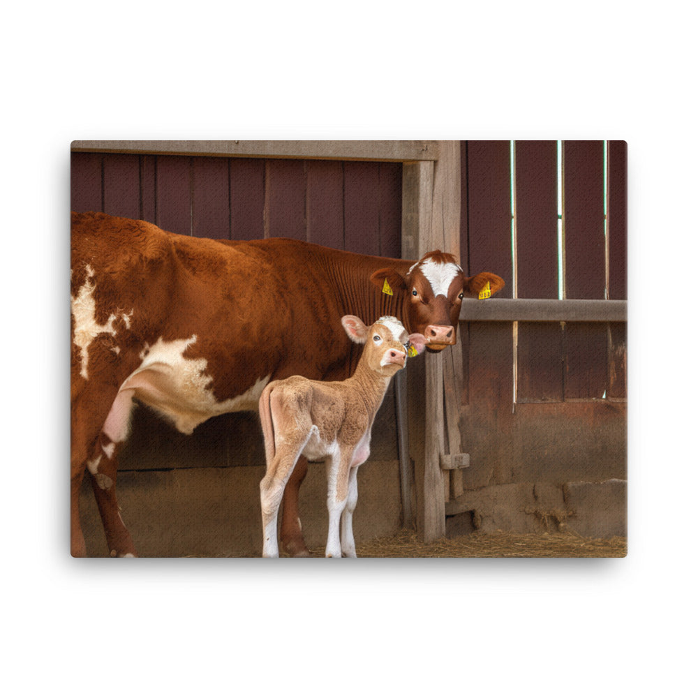 Hereford Cow with calf in a barn canvas - Posterfy.AI