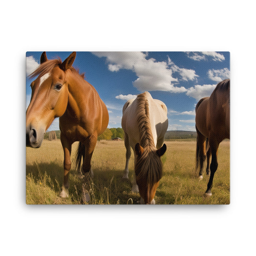 A Quartet of Quarter Horses Grazing in a Field canvas - Posterfy.AI