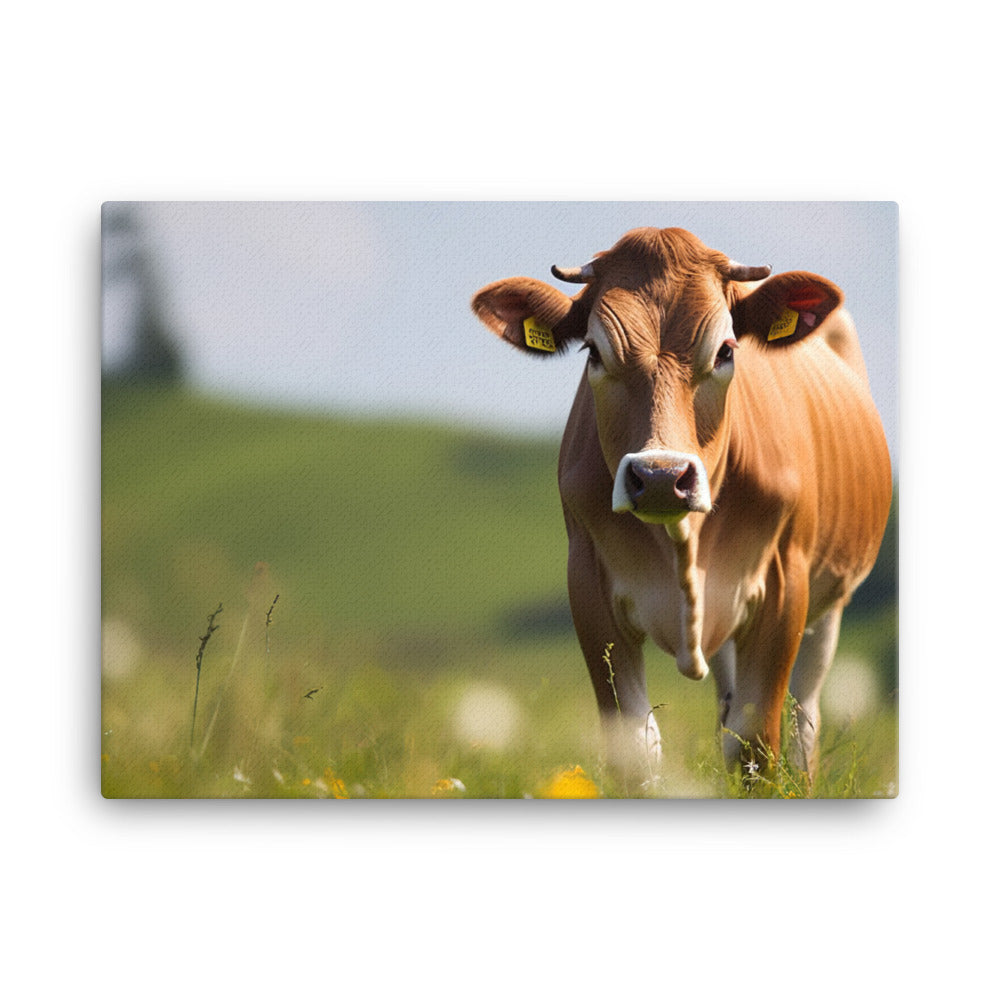 Adorable Jersey Cow Grazing in a Sunny Meadow canvas - Posterfy.AI