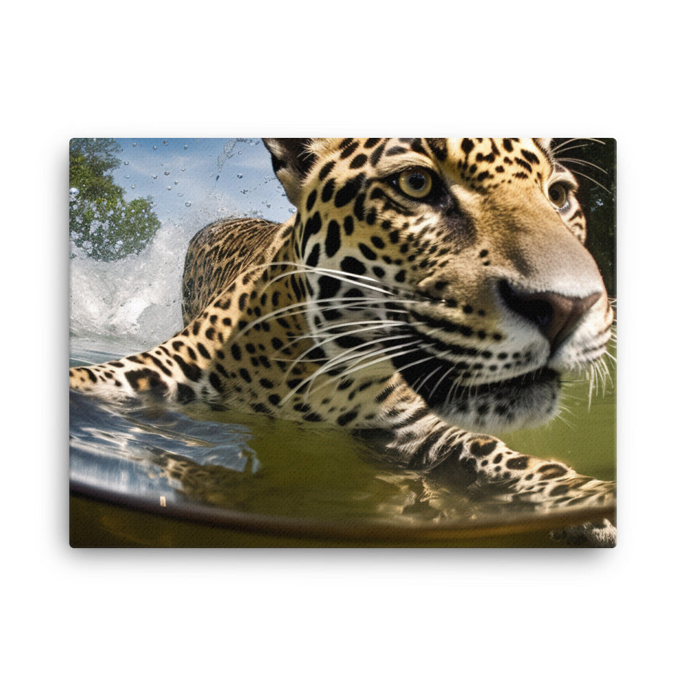 Young Jaguar Playfully Frolicking in the Water canvas - Posterfy.AI