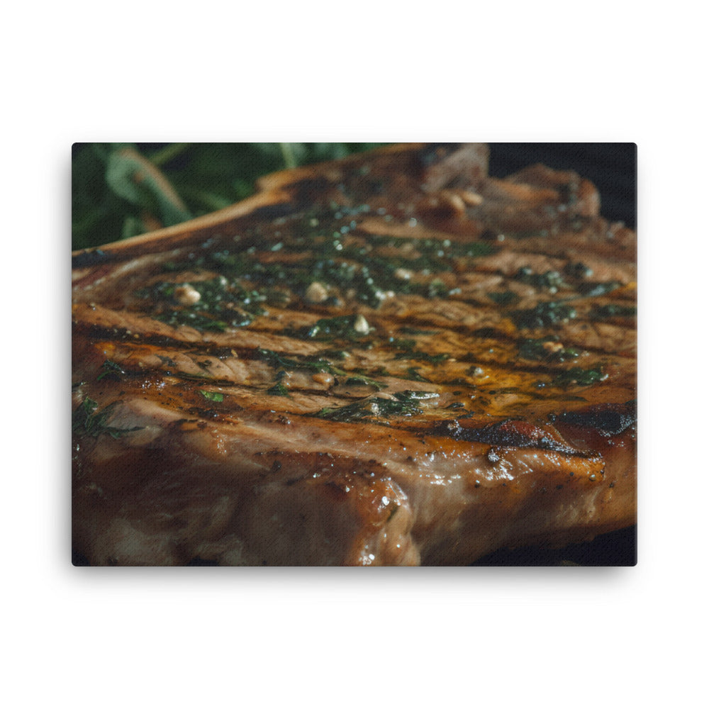 Juicy T-Bone Steak on a Sizzling Grill canvas - Posterfy.AI