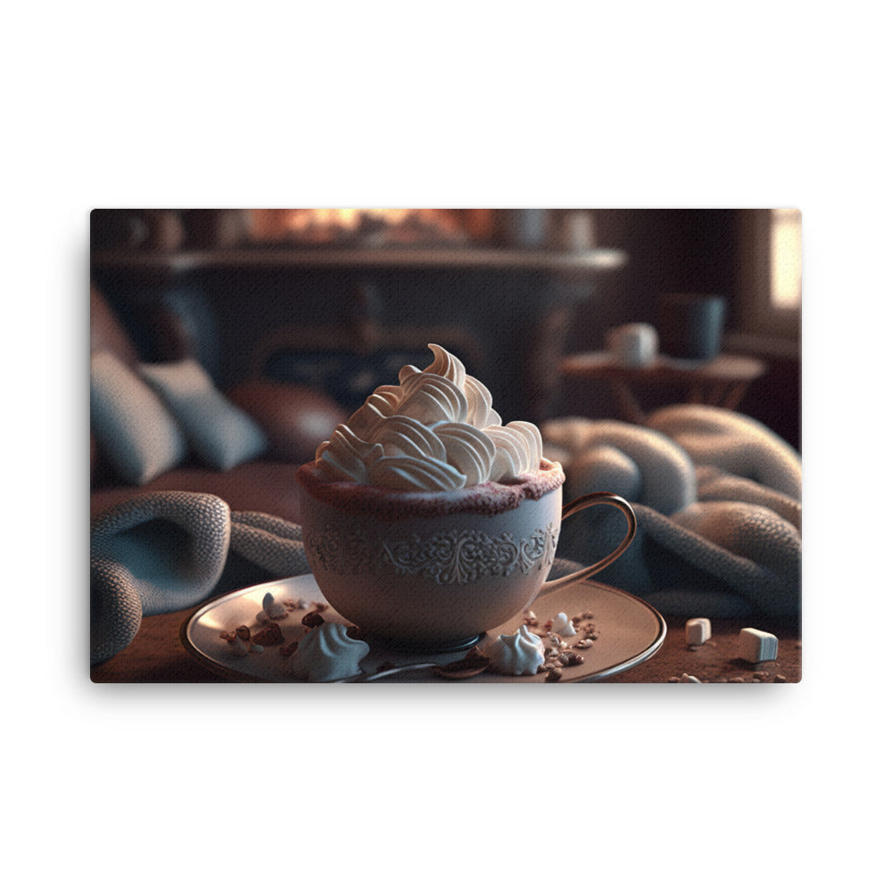 A steaming cup of hot cocoa with a generous pile of whipped cream canvas - Posterfy.AI