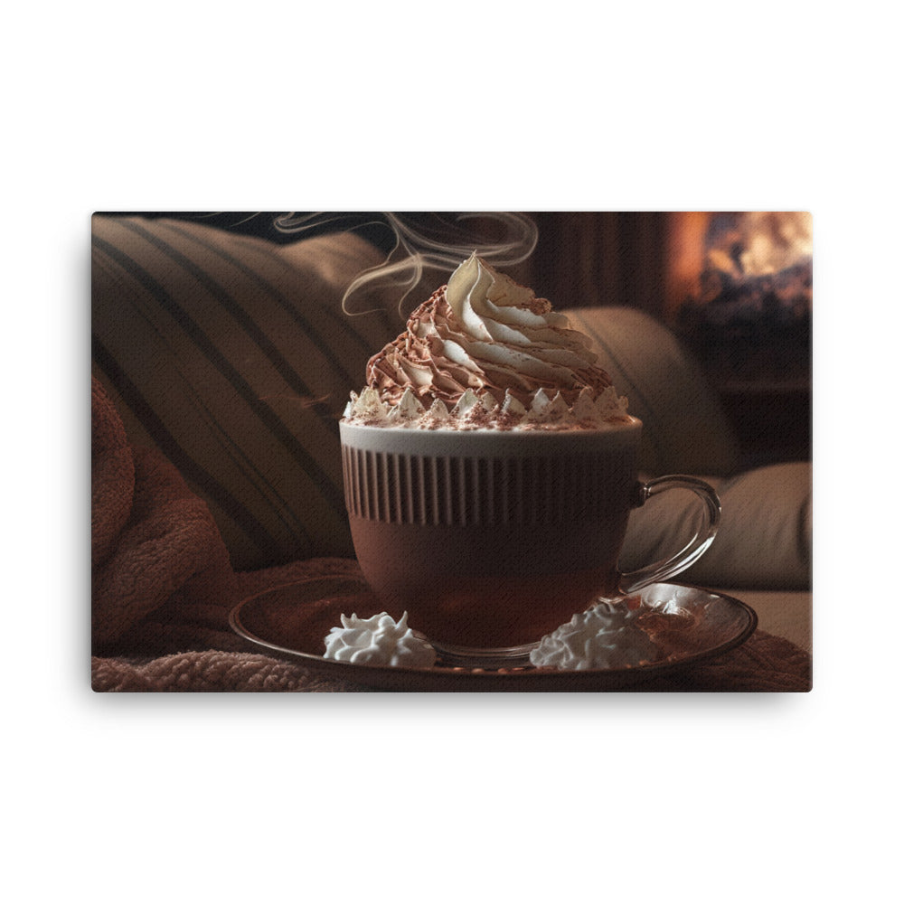 A steaming cup of hot cocoa with a generous pile of whipped cream canvas - Posterfy.AI