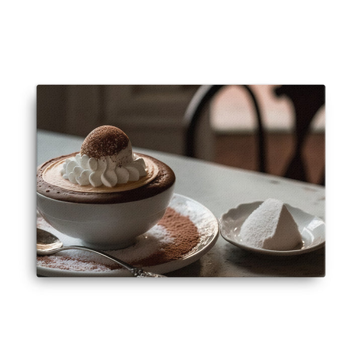 A frothy cappuccino, with a heart shaped foam design and a dusting of cocoa powder canvas - Posterfy.AI