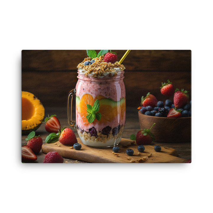 A colorful smoothie with layers of blended fruit and yogurt canvas - Posterfy.AI