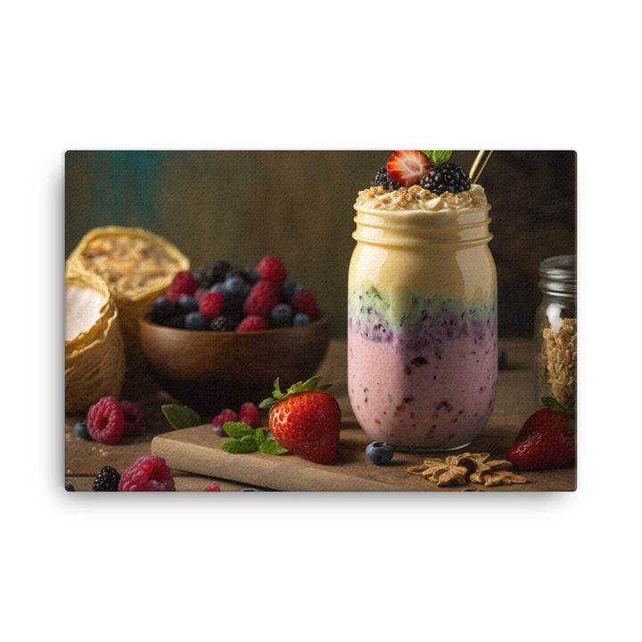A colorful smoothie with layers of blended fruit and yogurt canvas - Posterfy.AI