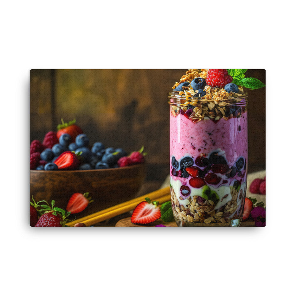 A colorful smoothie with layers of blended fruit and yogurt canvas - Posterfy.AI