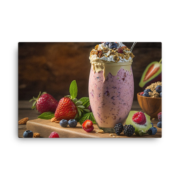 A colorful smoothie with layers of blended fruit and yogurt canvas - Posterfy.AI