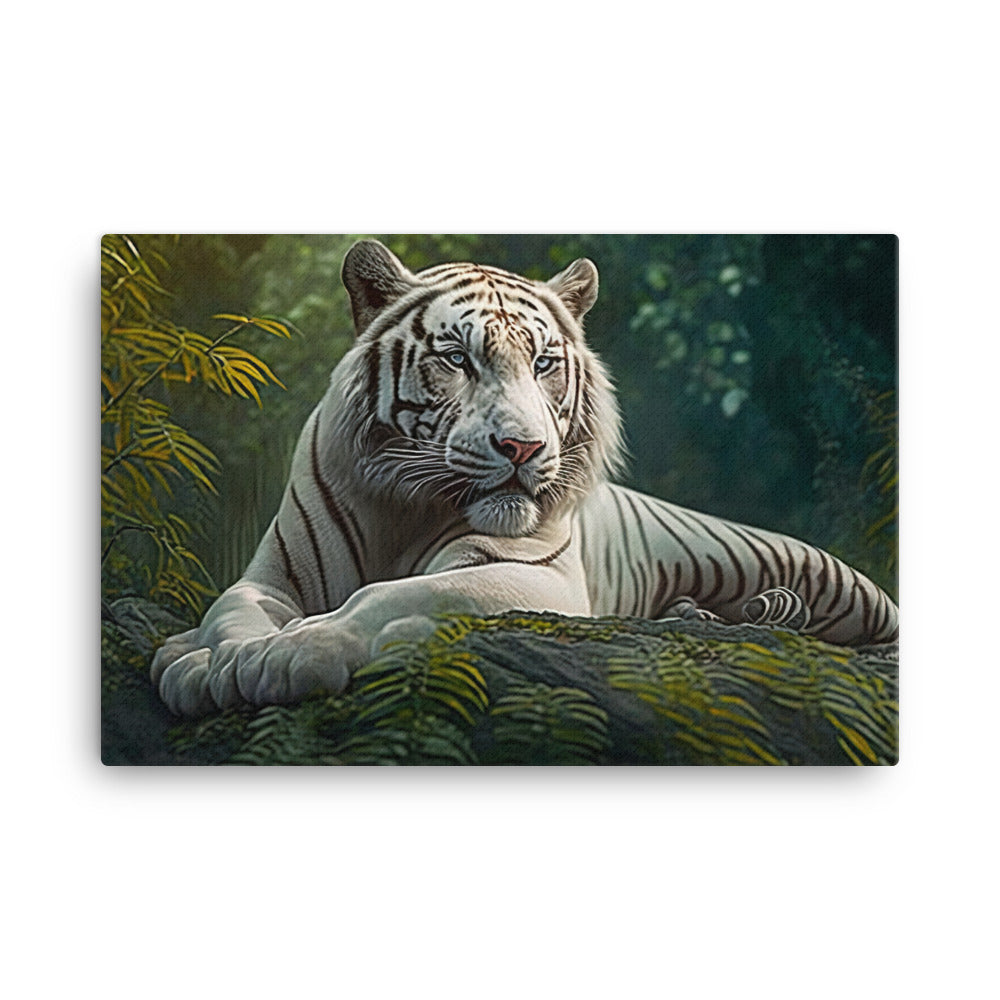 A majestic white tiger resting in a forest canvas - Posterfy.AI