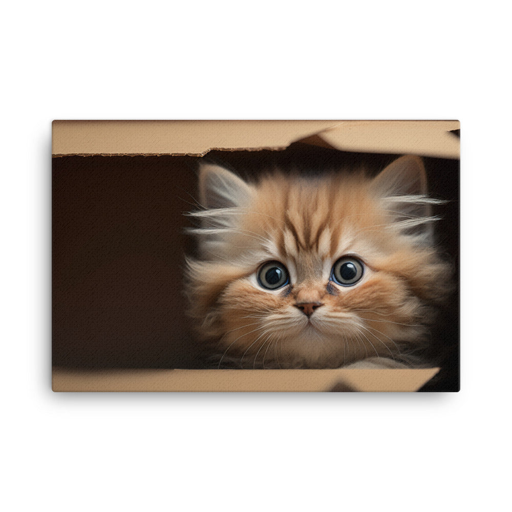 A fluffy kitten peering curiously out of a small cardboard box canvas - Posterfy.AI