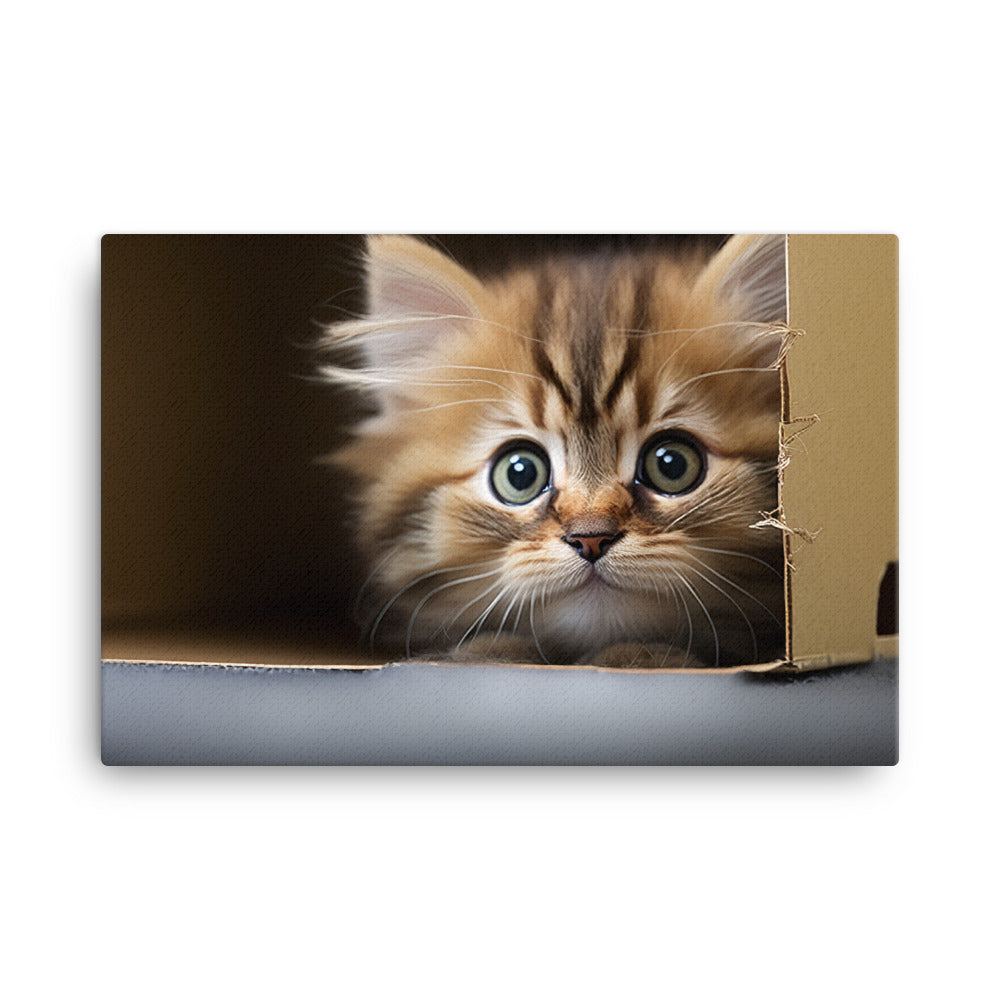 A fluffy kitten peering curiously out of a small cardboard box canvas - Posterfy.AI