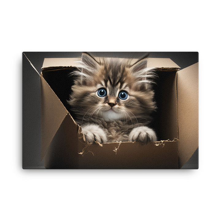 A fluffy kitten peering curiously out of a small cardboard box canvas - Posterfy.AI