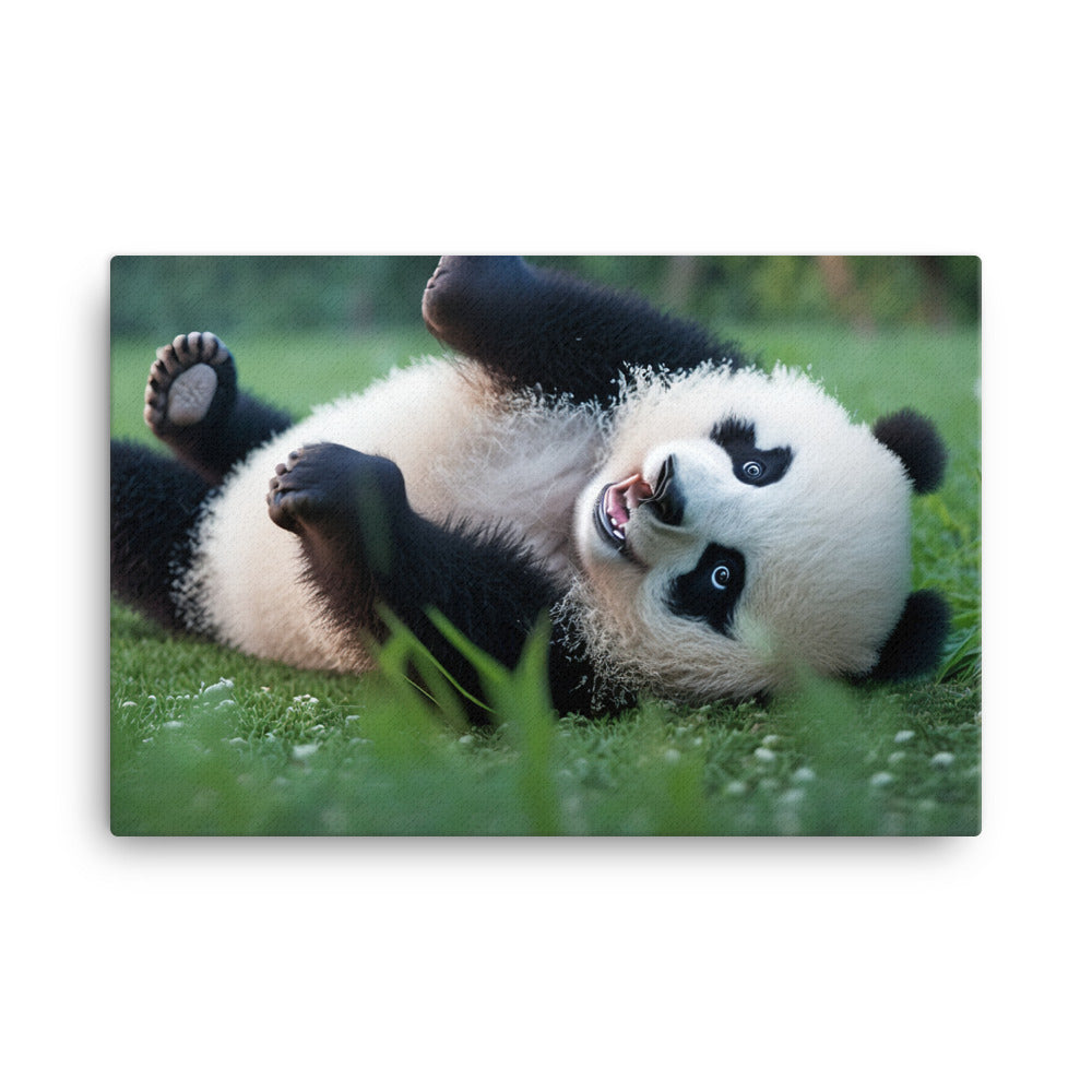 A playful panda bear rolling around in the grass canvas - Posterfy.AI