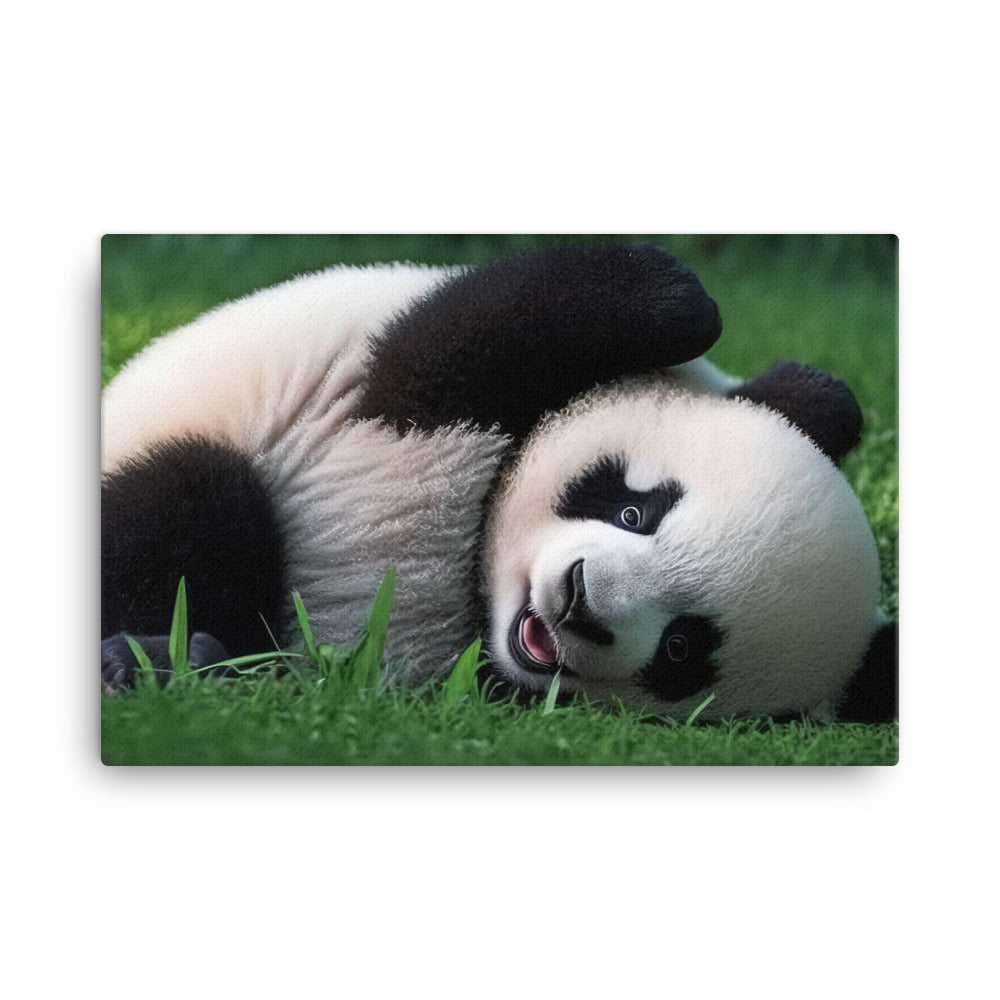 A playful panda bear rolling around in the grass canvas - Posterfy.AI