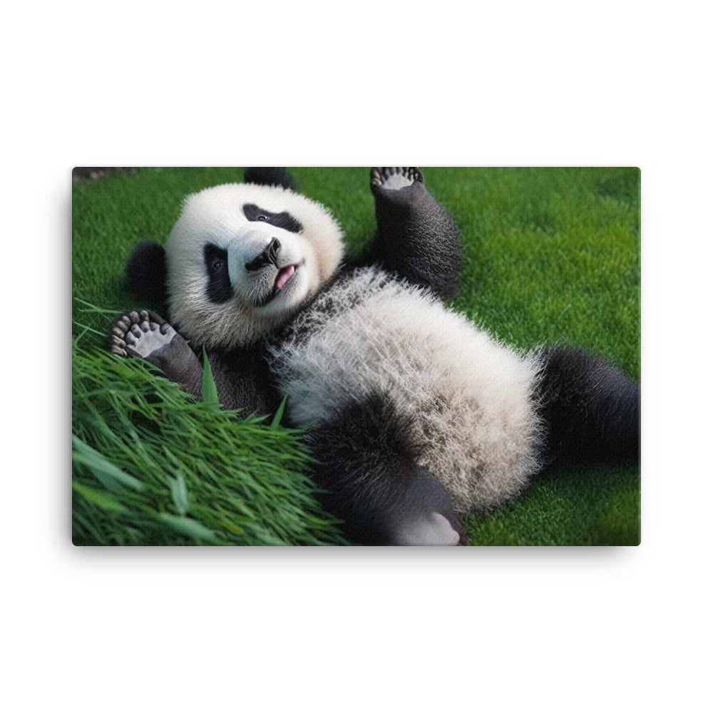 A playful panda bear rolling around in the grass canvas - Posterfy.AI