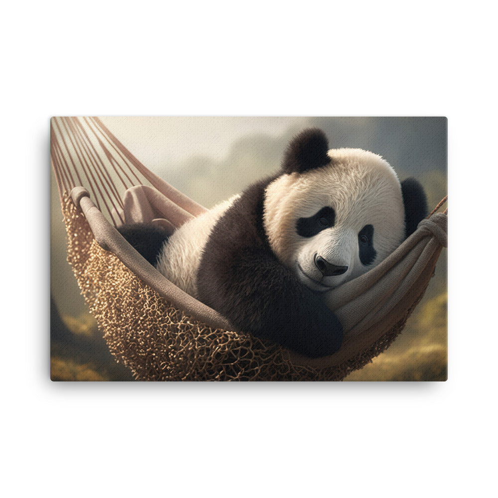 A panda bear taking a nap in a cozy hammock strung between two trees canvas - Posterfy.AI