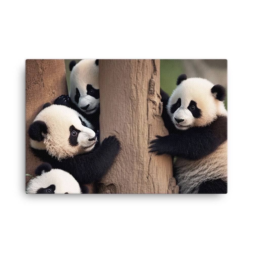A mischievous panda cub playing with its siblings in a tree canvas - Posterfy.AI