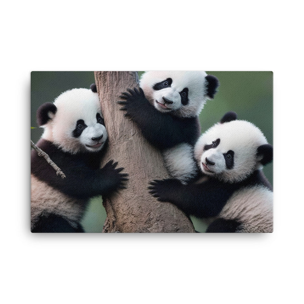 A mischievous panda cub playing with its siblings in a tree canvas - Posterfy.AI